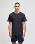 A dark grey adult jersey short sleeve t-shirt with a logo on the sleeve, worn by a male model.