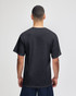A black short sleeve t-shirt featuring a plain design and back view of a model. It has a logo featured.