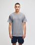 A grey short sleeve jersey t-shirt worn by a model, featuring a logo on the sleeve.