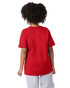 A red short sleeve youth jersey t-shirt with a logo on the sleeve, viewed from the back.