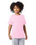 A pink short sleeve T-shirt for youth, featuring a simple design and a logo. Suitable for casual wear.