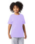 A youth short sleeve t-shirt in a light purple hue, displayed on a child, featuring a simple design and a logo.