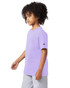 A purple short sleeve youth t-shirt with a logo on the sleeve, displayed on a model.