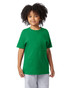 A green short sleeve youth jersey t-shirt displayed on a child with curly hair, featuring a logo.