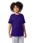 A purple short sleeve youth t-shirt with a round neckline and a logo on the front.