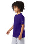 A purple short sleeve jersey t-shirt for youth, featuring a branding logo on the sleeve.