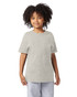 A youth short sleeve T-shirt in grey colour with a round neckline and a logo on the chest.