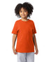 A youth short sleeve t-shirt in vibrant orange, featuring a simple design and a logo.