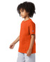 An orange short sleeve t-shirt for youth with a logo on the sleeve, featuring a relaxed fit.