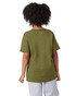 A youth short sleeve T-shirt in olive green, featuring a logo on one sleeve. The model is seen from the back.