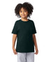 A youth short sleeve t-shirt in dark green, featuring a simple design and a logo. Styled with grey shorts.