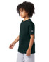 A youth short sleeve t-shirt in dark green with a logo on the sleeve, displayed on a model.