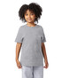 A grey short sleeve t-shirt for youth, featuring a simple design and a logo on the front.