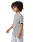 A youth short sleeve t-shirt in grey with a logo on the sleeve, featuring a casual and relaxed fit.