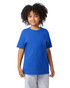 A blue short sleeve t-shirt for youth, featuring a simple design and a logo.
