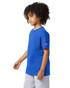 A blue short sleeve youth jersey t-shirt with a logo on the sleeve, displayed on a child.