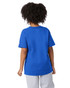 A blue short sleeve youth t-shirt with a logo, viewed from the back.