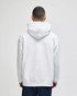 A white pullover hooded sweatshirt with a kangaroo pocket, featuring a branding logo on the back.