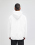A white pullover hooded sweatshirt with a kangaroo pocket, featuring a branding logo on the back.