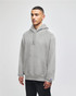 A grey hooded sweatshirt with a front pocket and drawstring hood, featuring a logo on the cuff.