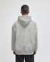 A grey hooded sweatshirt featuring a kangaroo pocket and a logo on the back.