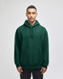 An olive green pullover hooded sweatshirt with a front pocket and a logo on the sleeve.