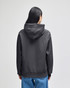 A grey hooded sweatshirt with a relaxed fit, featuring a hood and kangaroo pocket, seen from the back.