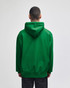 A green pullover hooded sweatshirt with a kangaroo pocket and a hood, seen from the back.