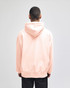 A pink hooded sweatshirt viewed from the back, featuring a logo and a relaxed fit.