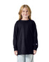 A youth long sleeve T-shirt in black, featuring a logo on the sleeve, worn by a child.