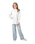 A youth long sleeve T-shirt in white, worn by a child paired with light blue jeans and casual shoes.