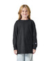 A youth long sleeve T-shirt in black, featuring a logo, worn by a girl with long hair.