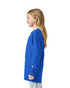 A girl wearing a long sleeve t-shirt in bright blue, featuring a logo on the sleeve.
