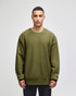 An olive green crew sweatshirt with a relaxed fit and a small logo on the sleeve.