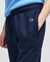 Navy fleece jogger featuring an elastic waistband and side pockets, with a small logo on the side.