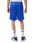 Blue mesh sports shorts with pockets, featuring a comfortable fit and a branding logo visible.