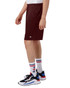 Maroon mesh shorts with pockets, featuring a logo, displayed on a person wearing sporty shoes and socks.