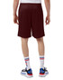 Maroon sports shorts with pockets, designed for adults, featuring a logo on the side, viewed from the back.