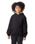 A black hooded sweatshirt with a front pocket, featuring a logo on the sleeve. The model has curly hair.