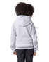 A grey youth pullover hooded sweatshirt with a hood, viewed from the back, featuring a logo.