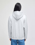 A grey full-zip hooded sweatshirt featuring a relaxed fit and a hood, viewed from the back.