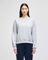 A grey women's crewneck sweatshirt with a casual fit, featuring long sleeves and a branded logo.