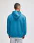 A blue pullover hooded sweatshirt viewed from the back, featuring a hood and a relaxed fit.