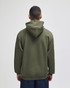 A hooded sweatshirt in olive green, featuring a logo and a relaxed fit, viewed from the back.