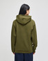 A green pullover hooded sweatshirt with a large hood, viewed from the back. Features a logo at the back.