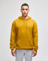 A mustard yellow pullover hooded sweatshirt with a front pocket and a logo on the sleeve.