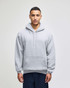 A grey pullover hooded sweatshirt with a front pocket and a logo on the sleeve.