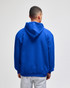 A blue pullover hooded sweatshirt viewed from the back, featuring a hood and a relaxed fit.