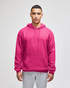 A vibrant pink pullover hooded sweatshirt with a front pocket and a logo on the sleeve.