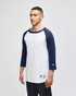 A raglan baseball T-shirt featuring white fabric with navy sleeves, styled with a logo on the sleeve.